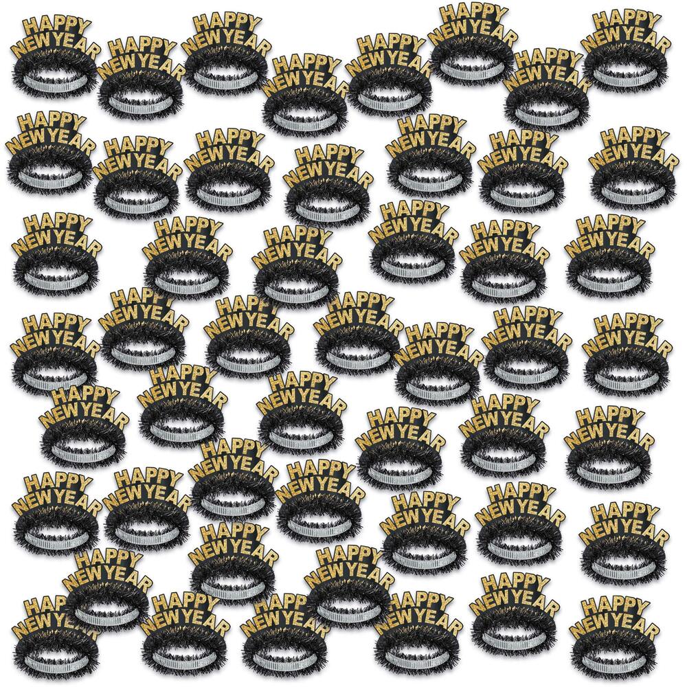 9028 Black and Gold Happy New Year Regal Tiaras – 50-Pack Glittered NYE